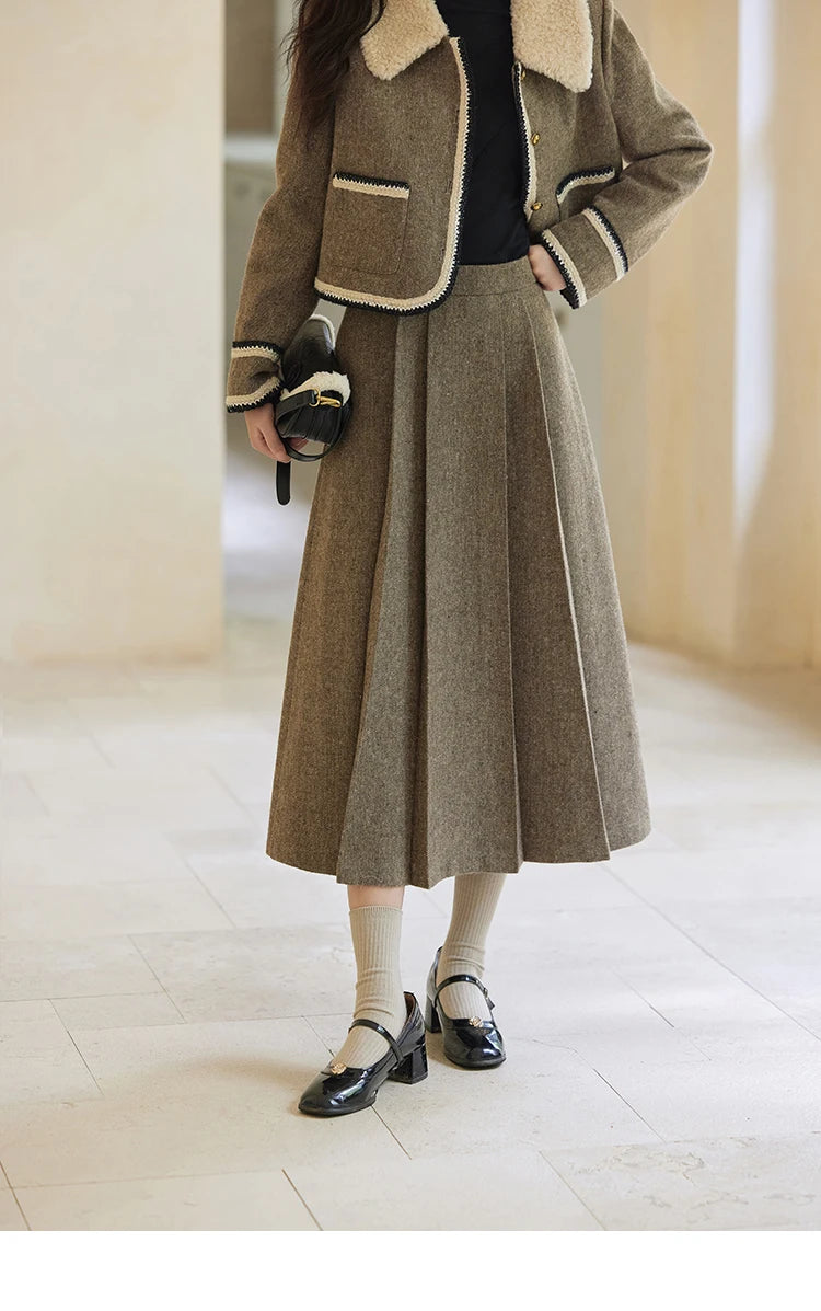 Mishow Vintage Plaid Tweed Jacket & Pleated Skirt Set MXD56W0569