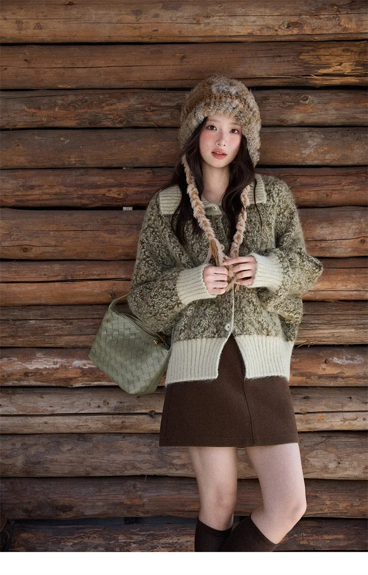 Mishow Green Retro Mottled Stand Collar Cardigan MXE90Z2787