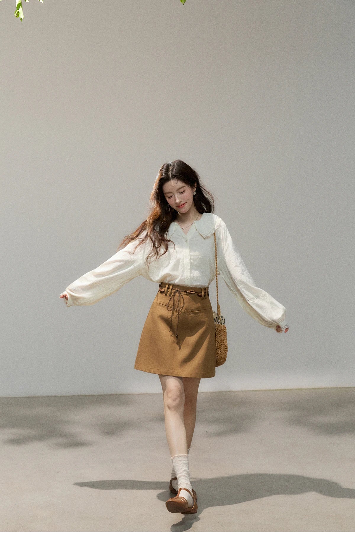 MISHOW Beige Lace Shirt Peter Pan Collar Micro Lantern Sleeve MXF108C0813