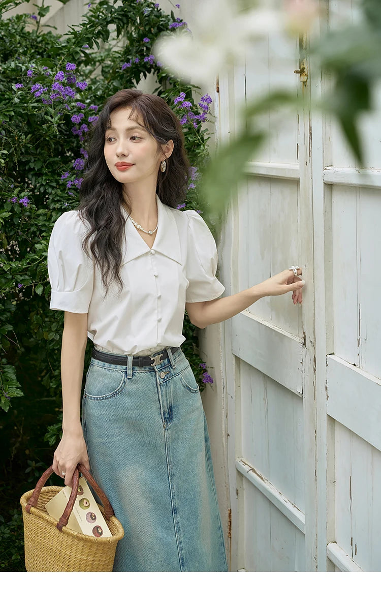 MISHOW Bubble Sleeve V-Neck Shirt Lapel Collar Loose MXD28X1471