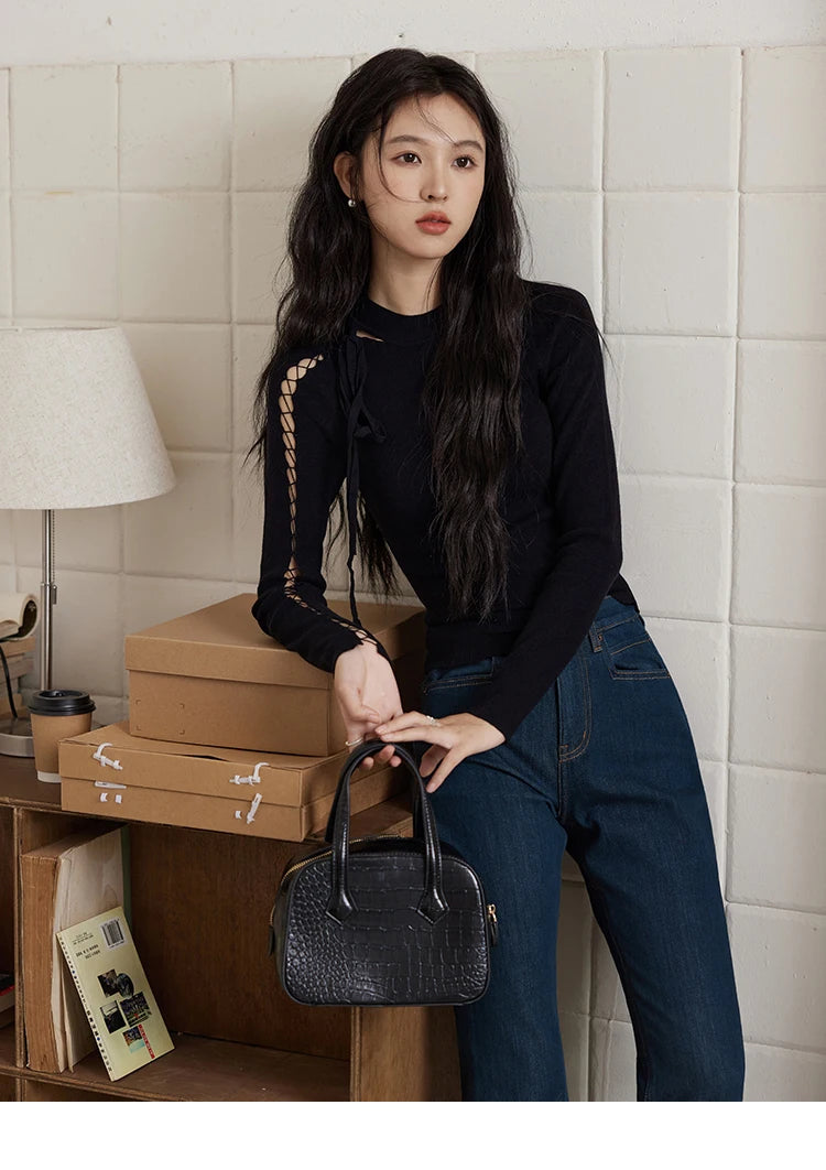 Mishow Hollow Tie Design Bottoming Knit Sweater MXD45Z0766