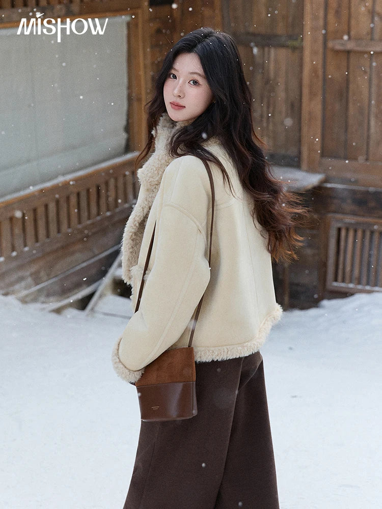 Mishow Cream Yellow Faux Suede Coat with Matching Scarf MXE91W1019
