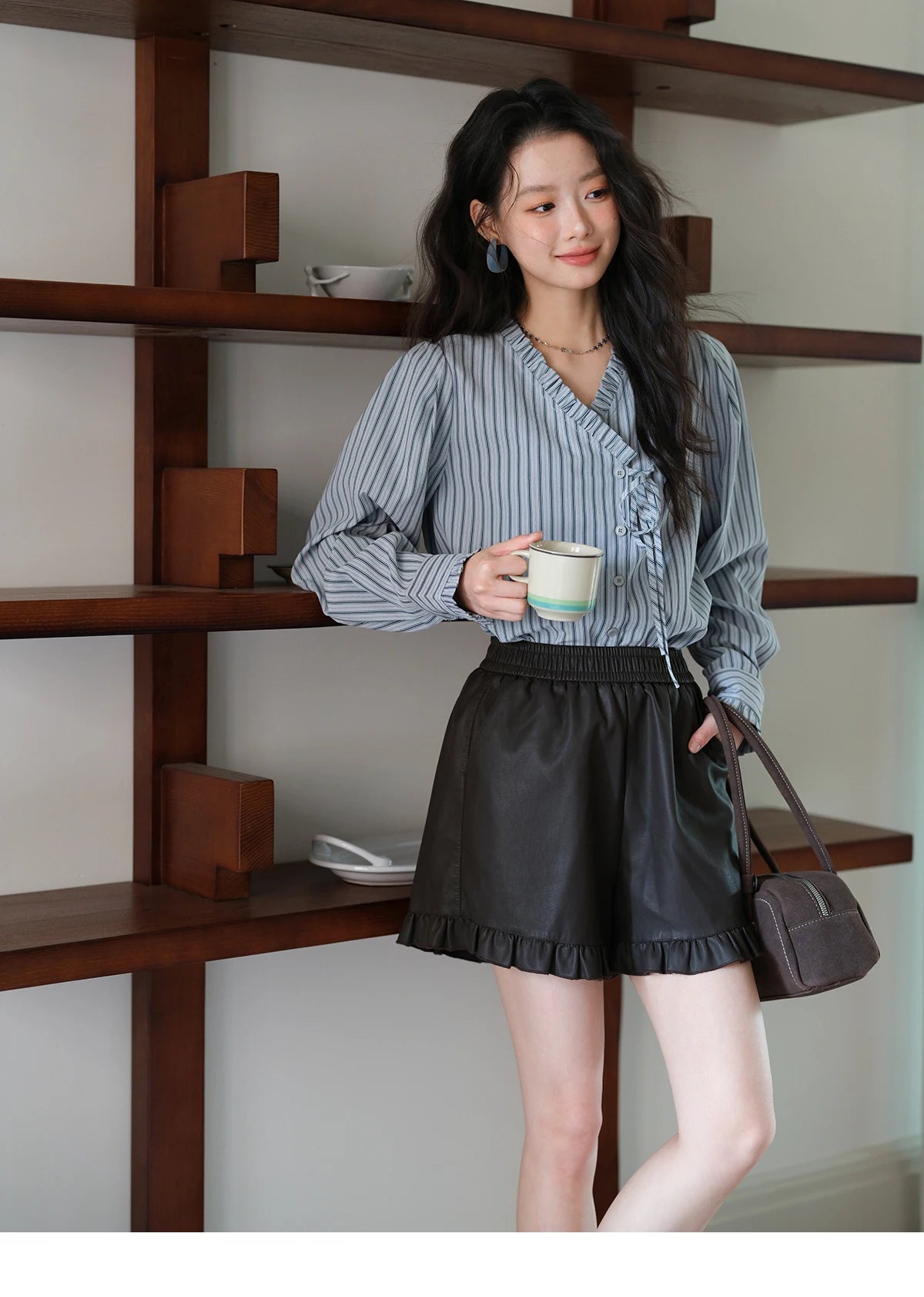 MISHOW Blue Striped Velvet Shirt V-Neck Asymmetrical Lace-Up MXE42X2472