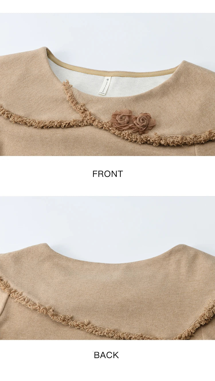 Mishow Retro Brown 3D Flower Decoration Round Neck Top MXE51Z2593