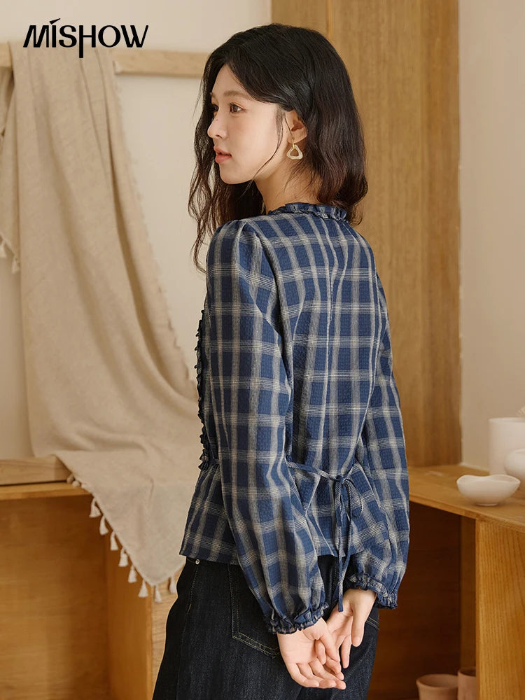 MISHOW Vintage Blue Plaid Shirt Round Neck Loose MXE45X2480