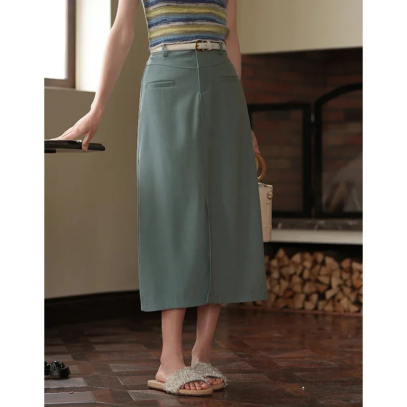 MISHOW Suit Straight Midi Skirt High Waist Slim Front Fork Rear Elastic MXC15B0026