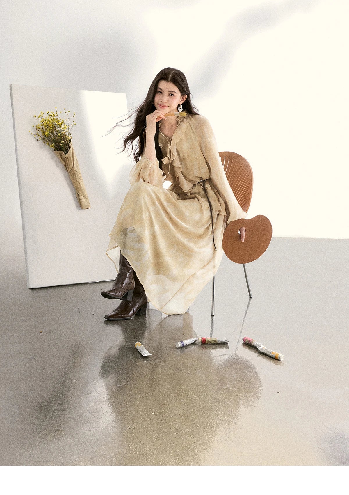 MISHOW Light Yellow Chiffon Maxi Dress V-Neck Ruffled Belted MXF11L2554