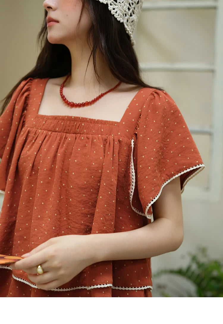 MISHOW Polka Dot Blouse Square Neck Lace Spliced Ruffled MXE37X1857