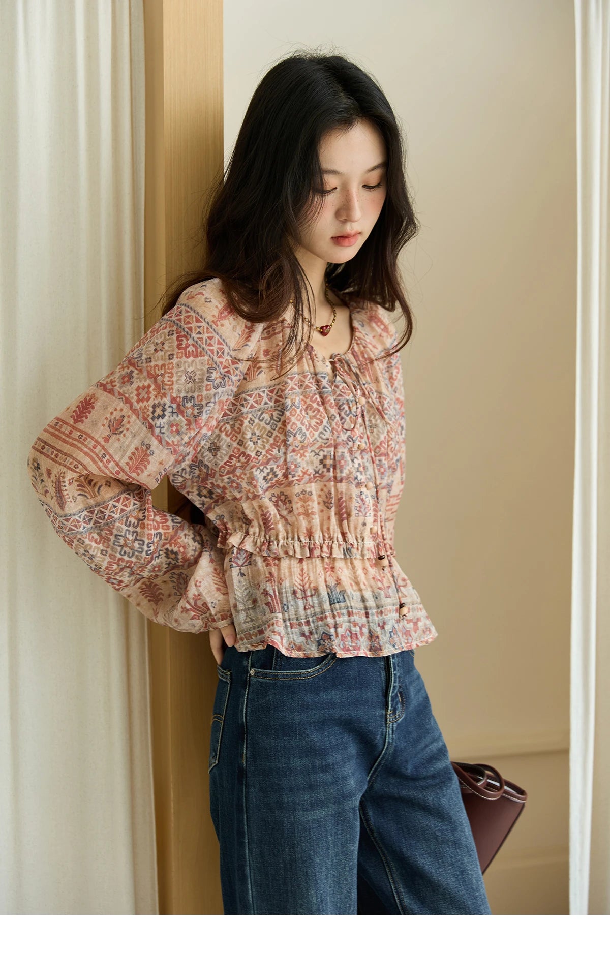 MISHOW National Style Printed Blouse Round Neck Drop Sleeve MXE47X2508
