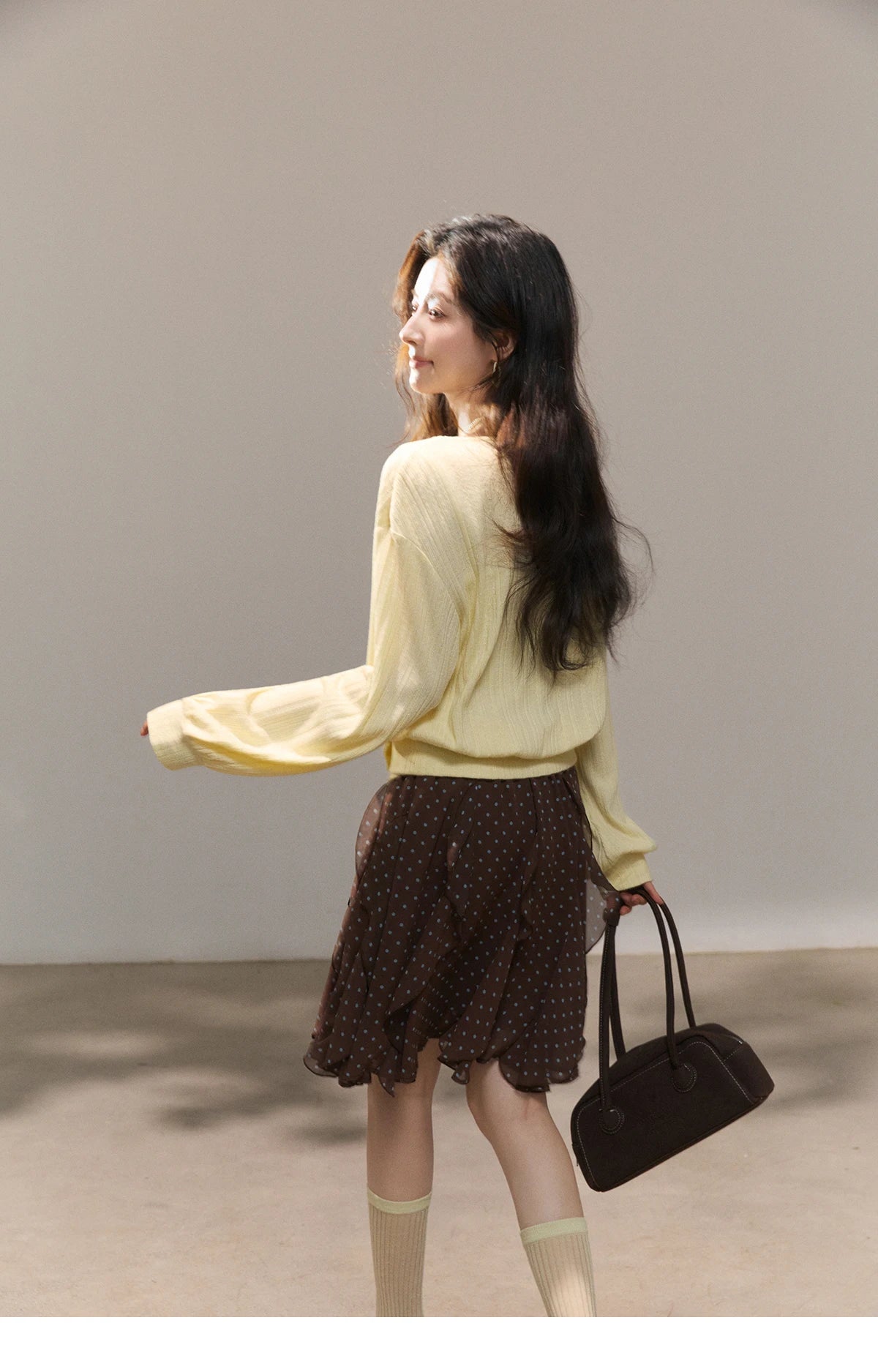 Mishow Lemon Yellow Lantern Sleeve Top & Lace Camisole Set MXF13T1513