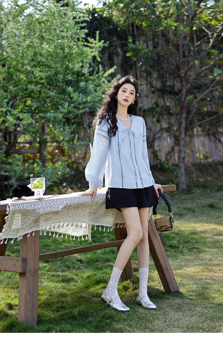 MISHOW Blue V-Neck Shirt Lace-Up Hollow Lantern Sleeve MXE12C0411