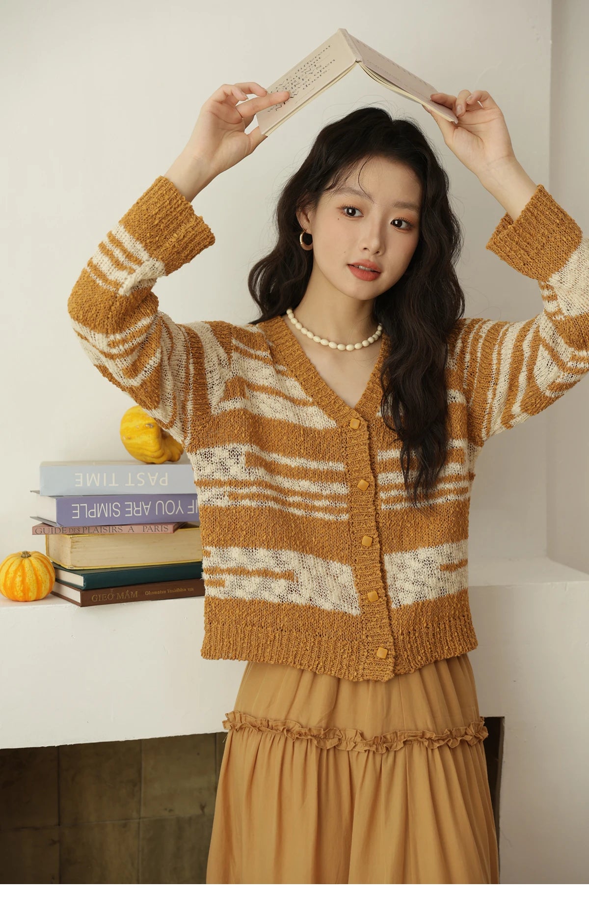 Mishow Retro Yellow Striped V-Neck Cardigan MXE44Z2516