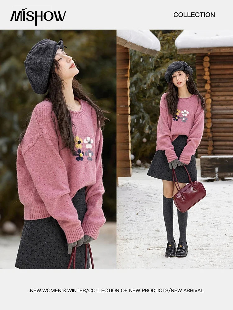 Mishow Wool Blend Flower Color Dots O-Neck Pullover MXD56Z1066