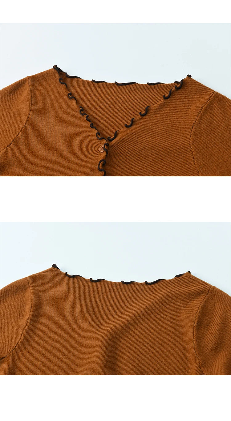 Mishow Ruffled Edge V-Neck Ribbon Knit Pullover MXE86Z2728