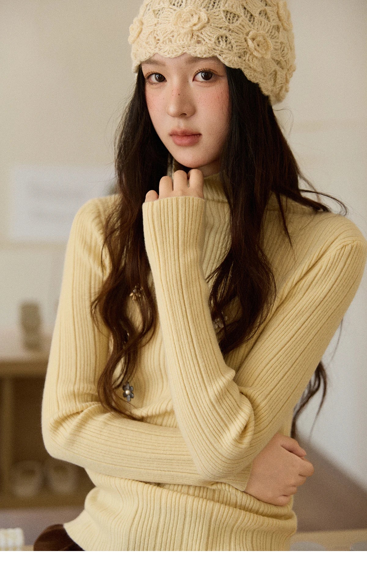 Mishow Solid Turtleneck Vertical Ribbed Slim Top MXE86Z2656