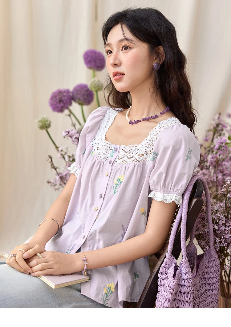 MISHOW Lace Patchwork Square Collar Blouse Puff Sleeve MXE36X1830