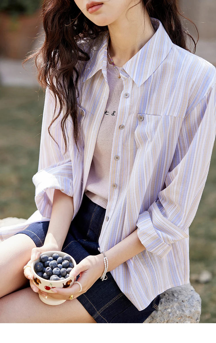 MISHOW Purple Striped Loose Shirt Turn-Down Collar MXE13C0407