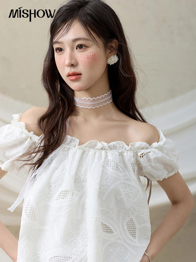 MISHOW Slash Neck Lace Blouse Short Sleeve Solid MXE35X1775