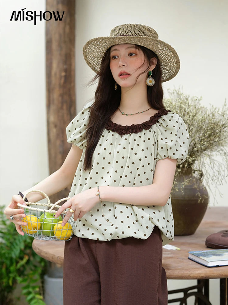 Mishow Polka Dot Puff Sleeve Top & Wide Leg Pants Set MXE39T0657