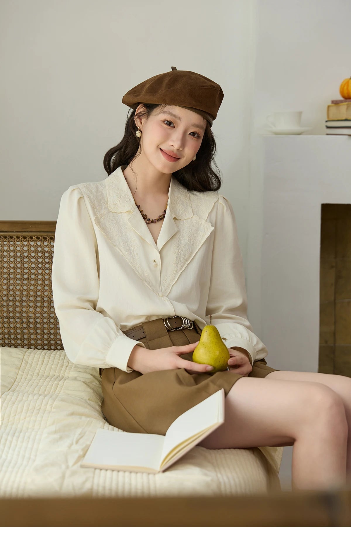 MISHOW Apricot Retro Lace V-Neck Blouse MXE45X2486