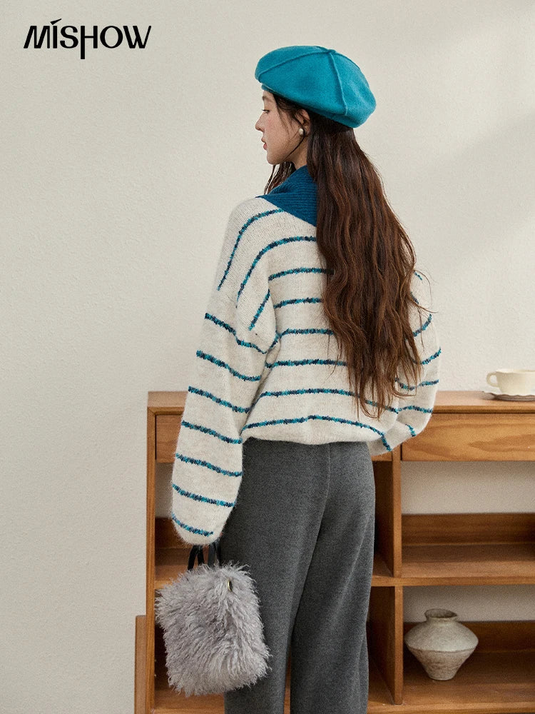 Mishow Blue Striped Alpaca Wool Sweater with Scarf Set MXE90Z2821