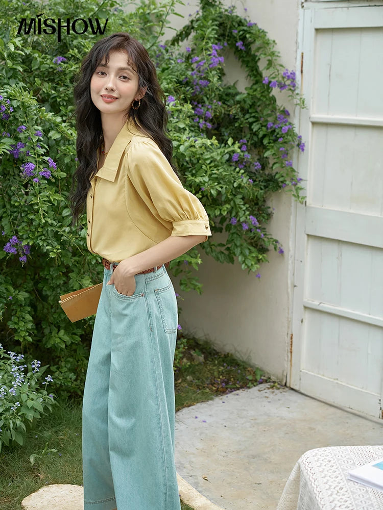 MISHOW Short Sleeve Blouse Lapel Simple Loose Fit MXD28C0247
