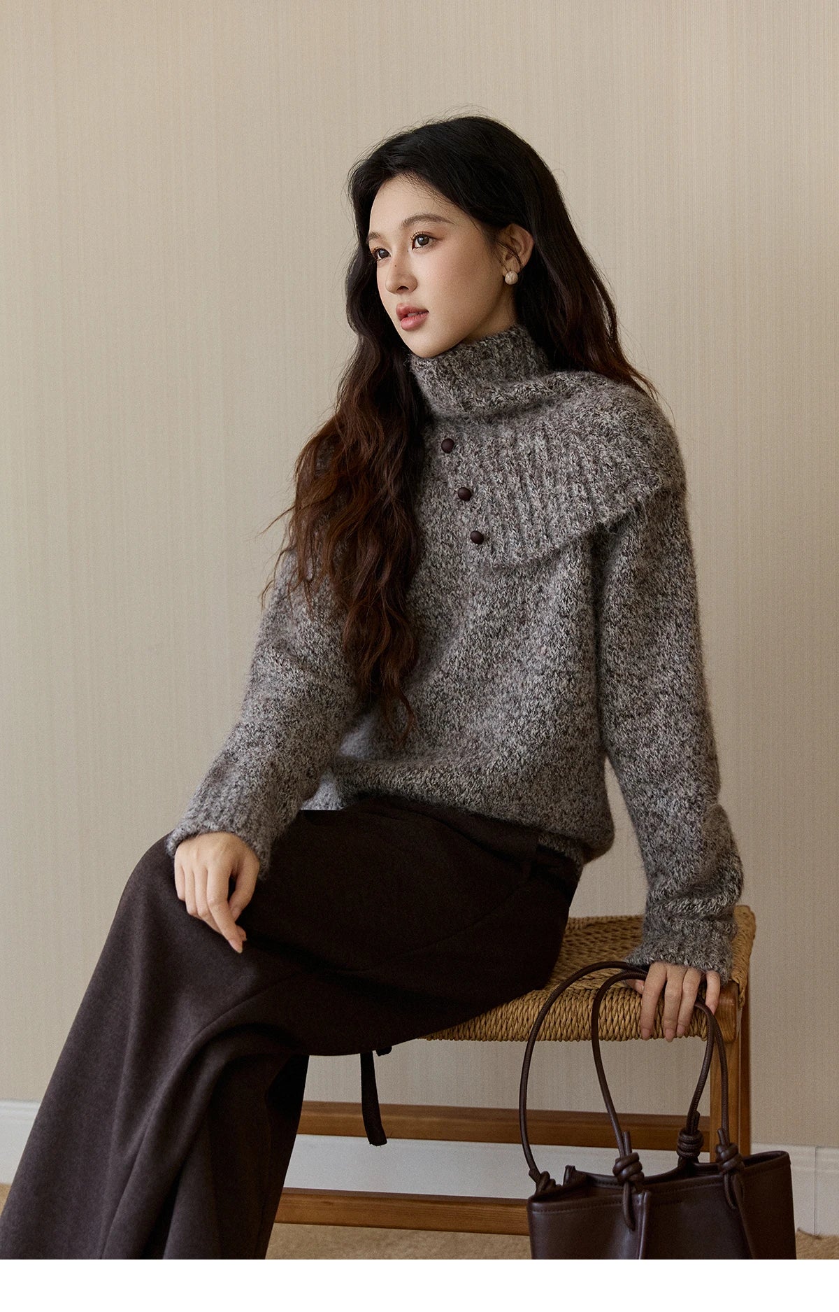 Mishow Gray Textured Button Sweater with Neckwear Scarf MXE94Z2978