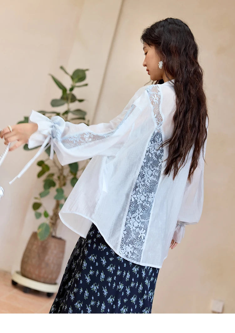 MISHOW Women's Patchwork Lace Shirt Lapel Drop Sleeve Drawstring Cuffs MXE31C0789