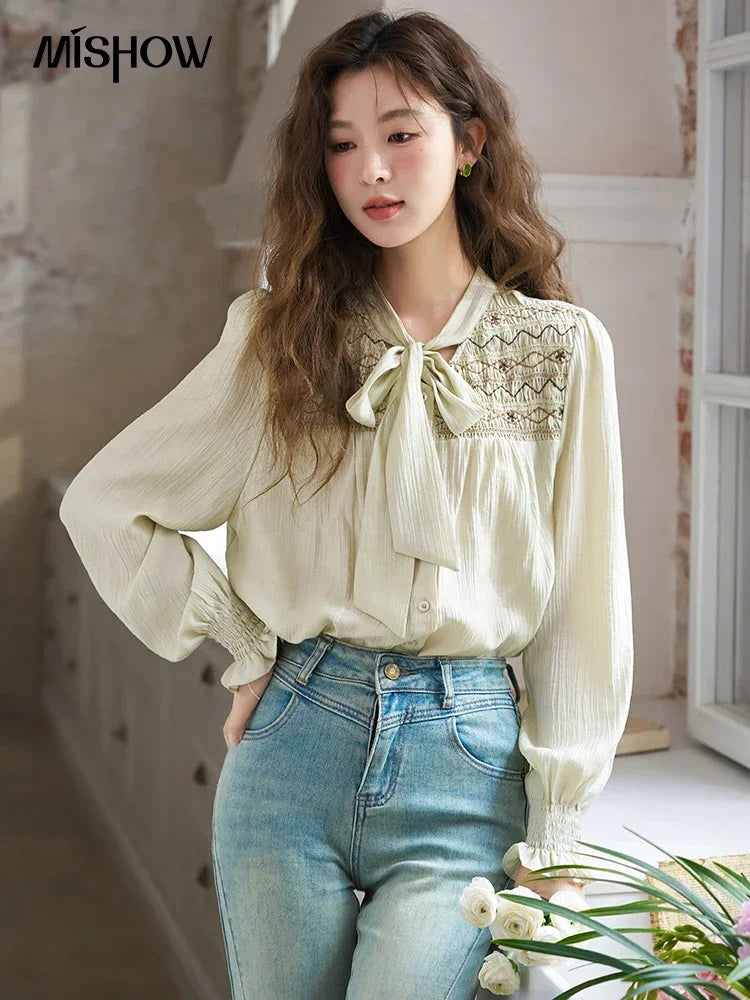 MISHOW Ribbon Collar Shirt Sweet Cuffs Pleated Embroidered Petal Sleeve MXD14C0226