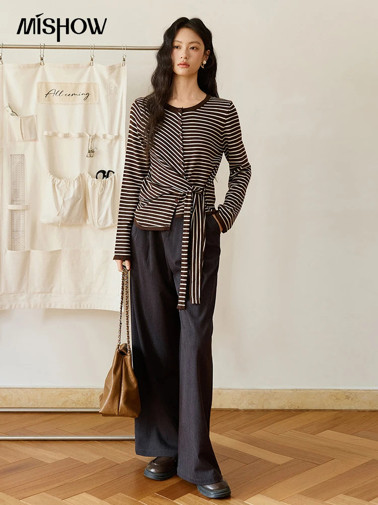 Mishow Coffee Striped Knitted Cardigan Sweater MXE46Z2537