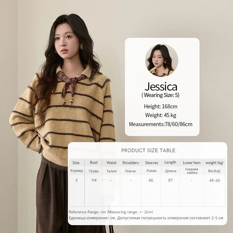 Mishow Faux Mink Fur Striped Lapel Tassel Sweater MXE93Z2945