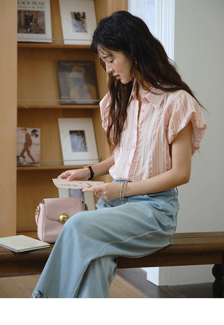 MISHOW Pink Turn-Down Collar Shirt Flower Bud Sleeve Striped MXD24C0204