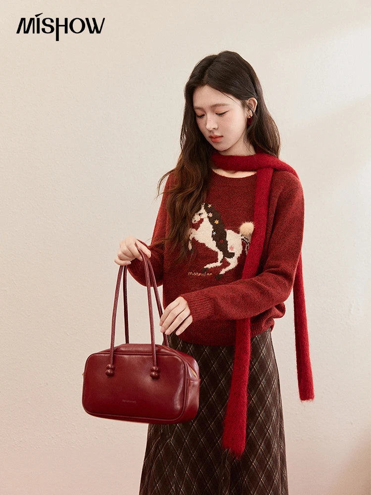 Mishow Christmas Red Jacquard Pony Sweater MXE94Z2861