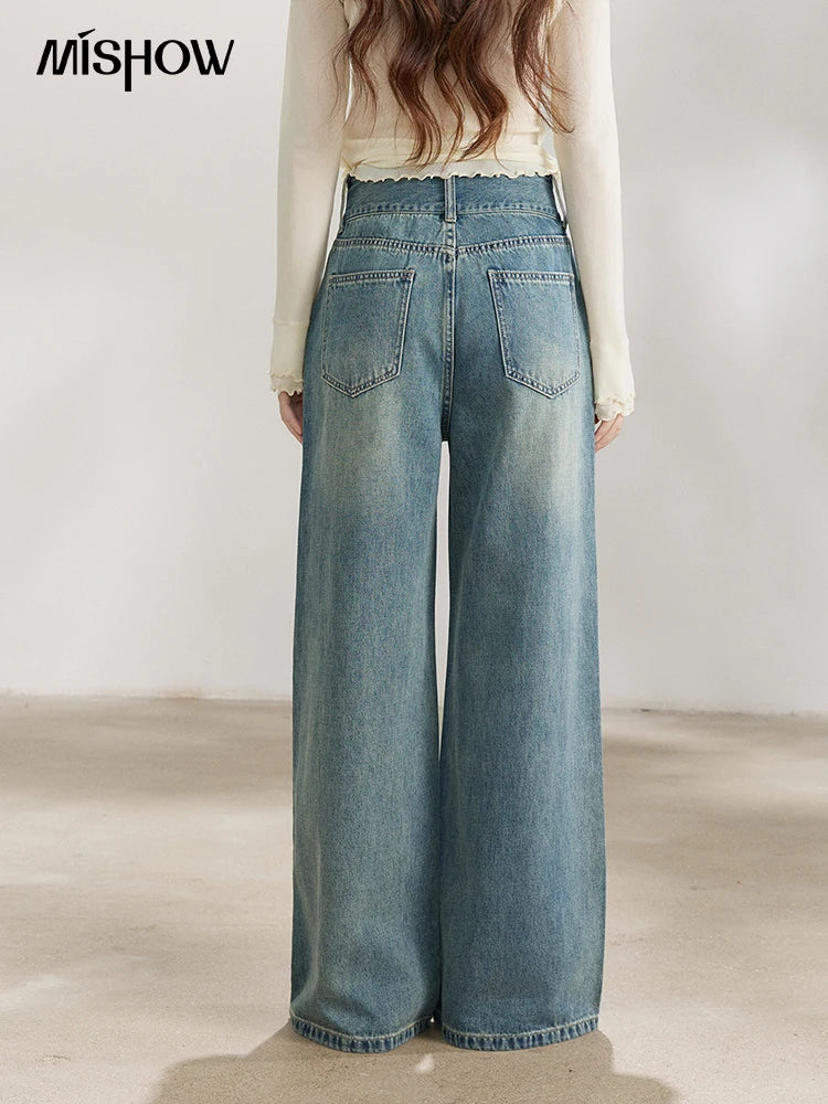 Mishow Vintage Blue Two-Button Wide Leg Jeans MXF108K1005