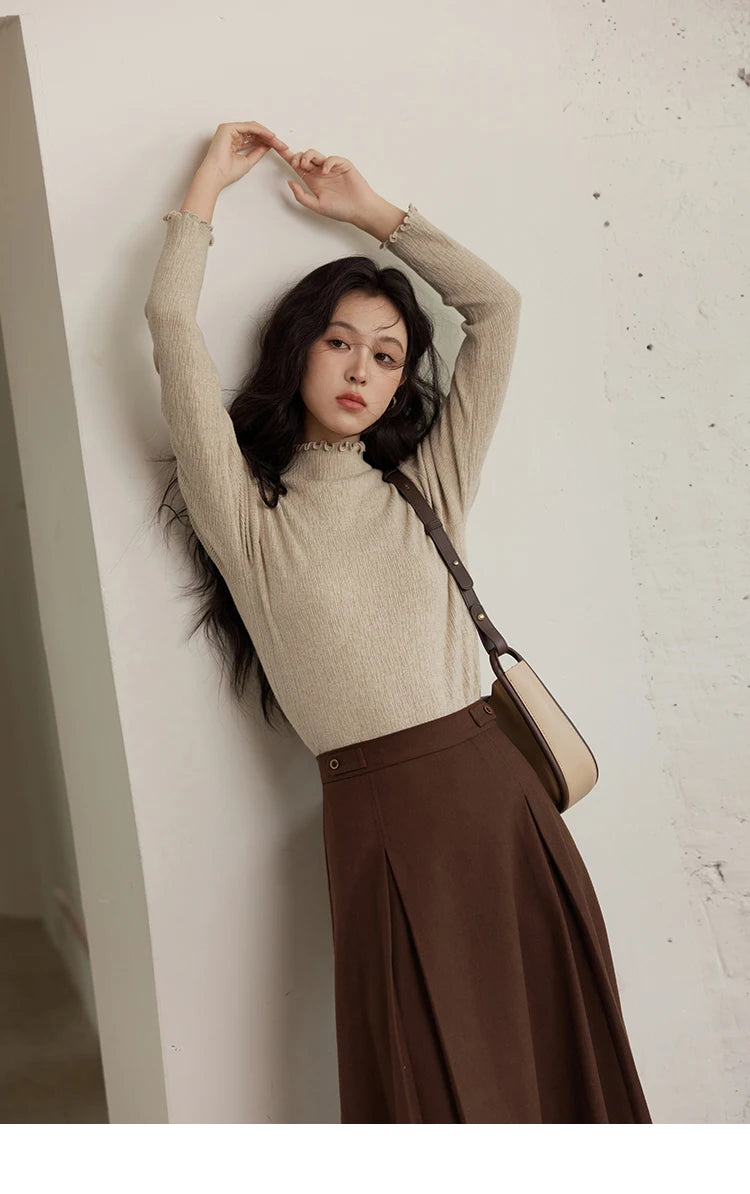 Mishow Ruffled Edge High Collar Slim Knit Top MXD48Z0850