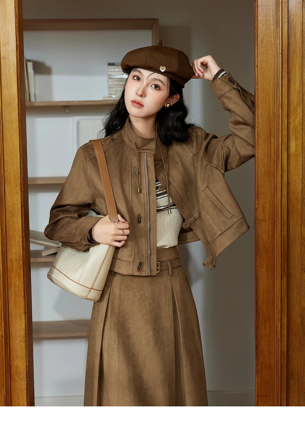 Mishow Retro Suede Stand Collar Jacket & Pleated Skirt Set MXD44W0423