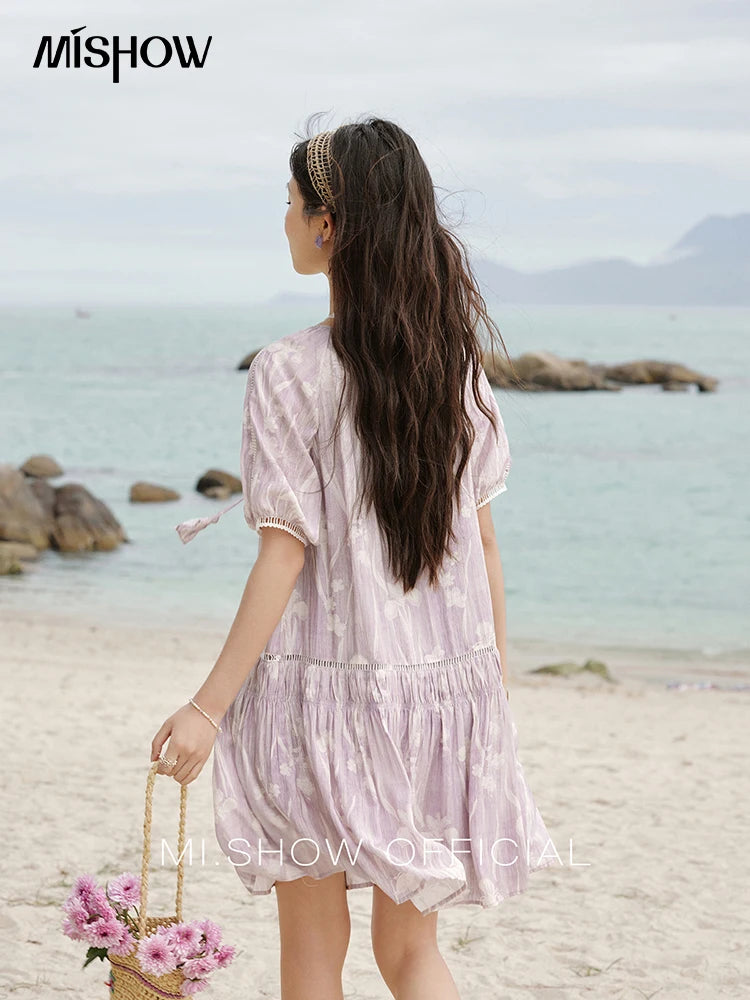 Mishow Print U-Neck Lace Hollow Chiffon Dress MXE32L2164