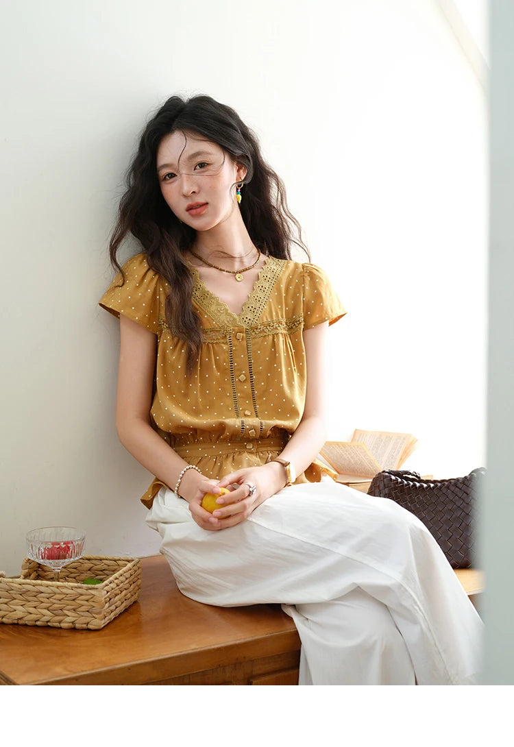 MISHOW V-Neck Lace Polka Dot Blouse Ruffled Button MXE38X1847