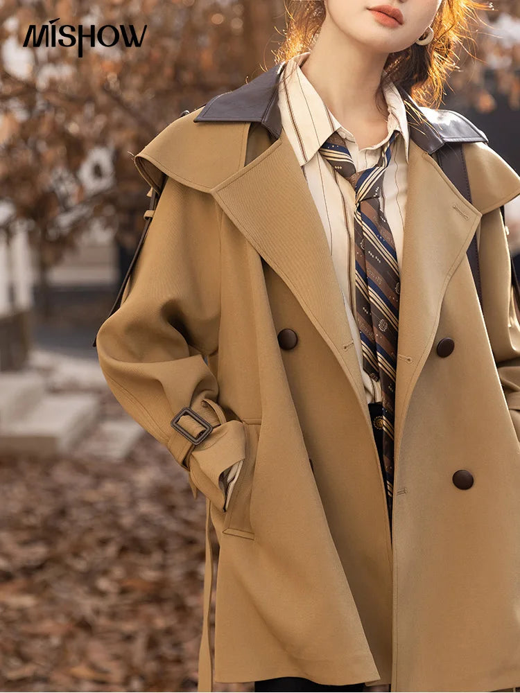 Mishow Polo Collar Patchwork Long Trench Coat MXB33W0399