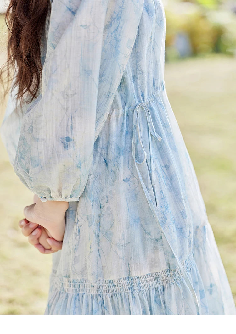 Mishow Blue Floral Chiffon Drawstring Lantern Sleeve Dress MXE16L2114