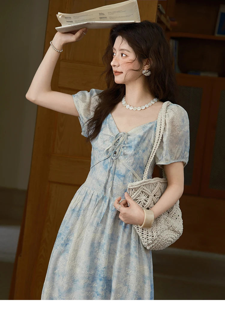Mishow V-Neck Lace-Up Puff Sleeve Flower Dress MXE38L2379
