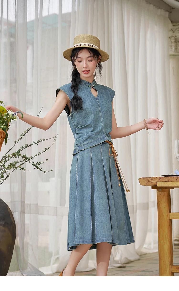 Mishow Chinese Stand Collar Vest & Pleated Denim Skirt Set MXD21X1465