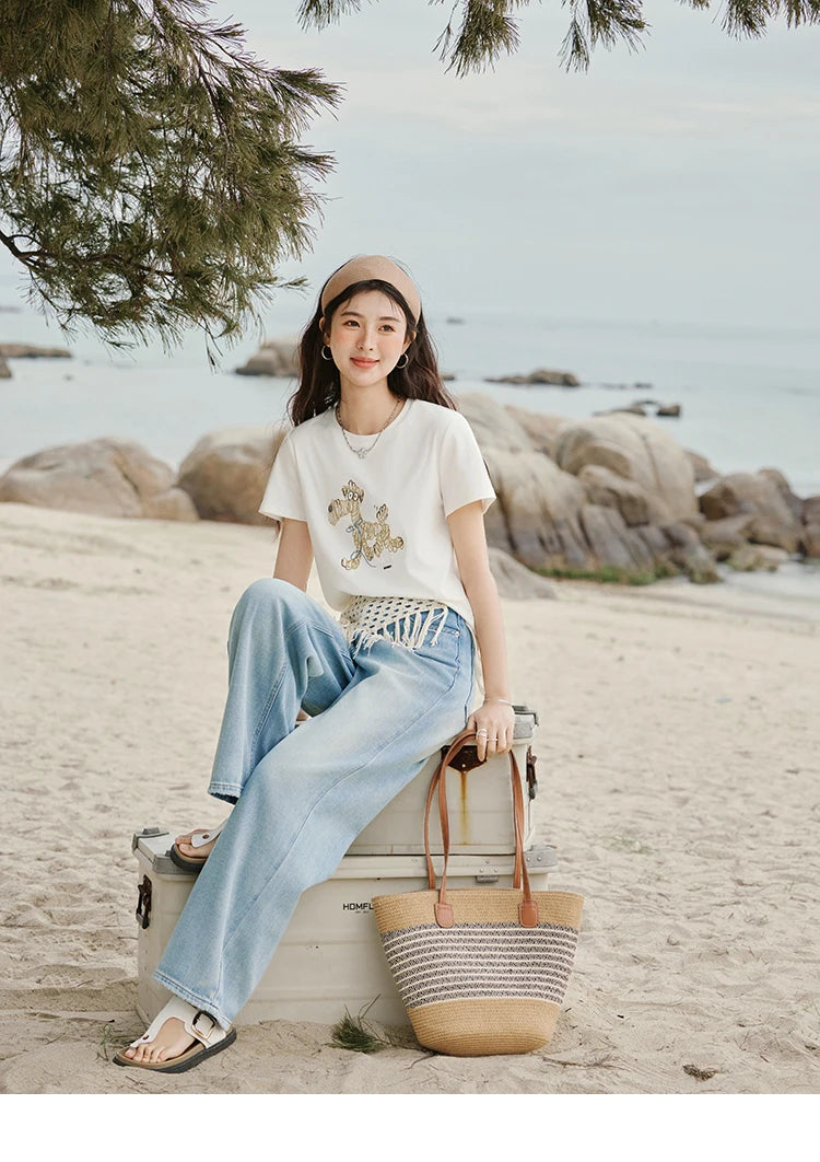 Mishow Cartoon Print Loose Embroidery Tee MXE31T0550