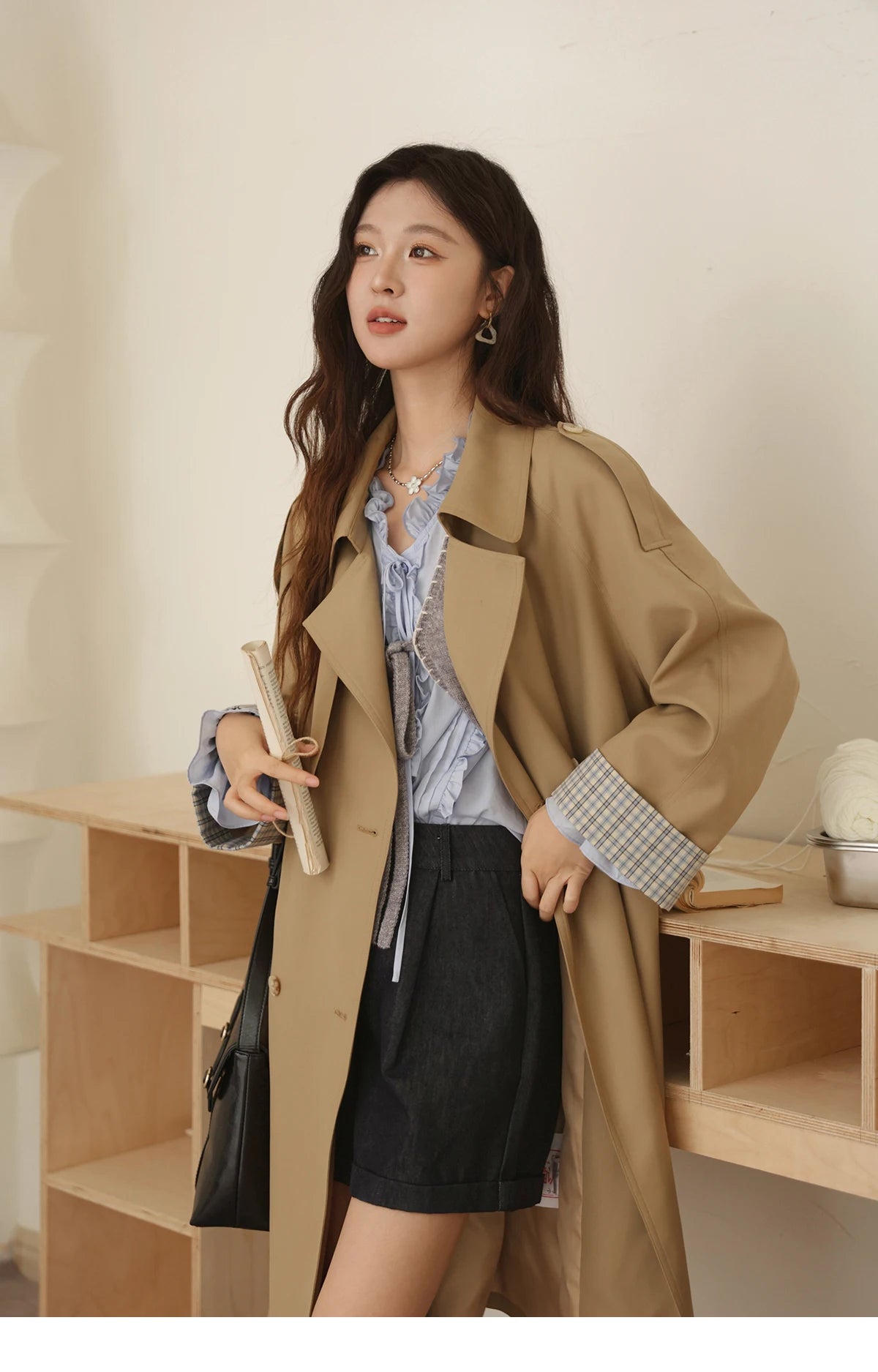 Mishow Khaki Retro Plaid Flip Sleeve Trench Coat MXE44W0814