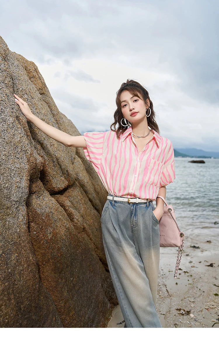 MISHOW Women's Striped Puff Sleeve Polo Neck Shirt MXC38C0072