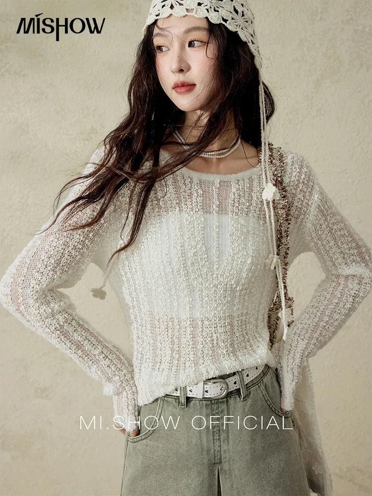 Mishow Apricot White Hollow Mohair Drop Sleeve Top MXE12Z1120