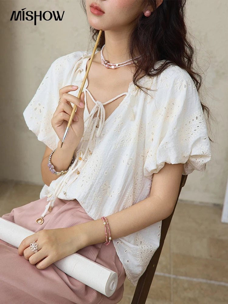 MISHOW Embroidery Jacquard Shirt V-Neck Lace Up Puff Sleeve MXE35X1790