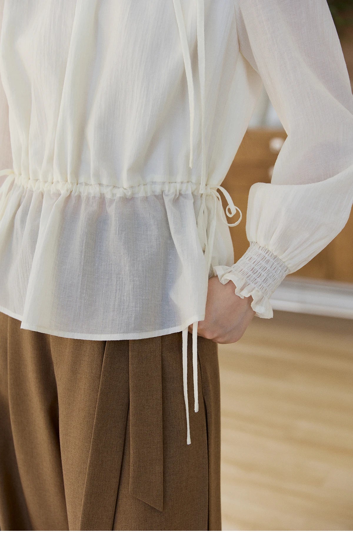 MISHOW Ruffled Stand Collar Blouse Drawstring Waist Puff Sleeve MXF11C2428