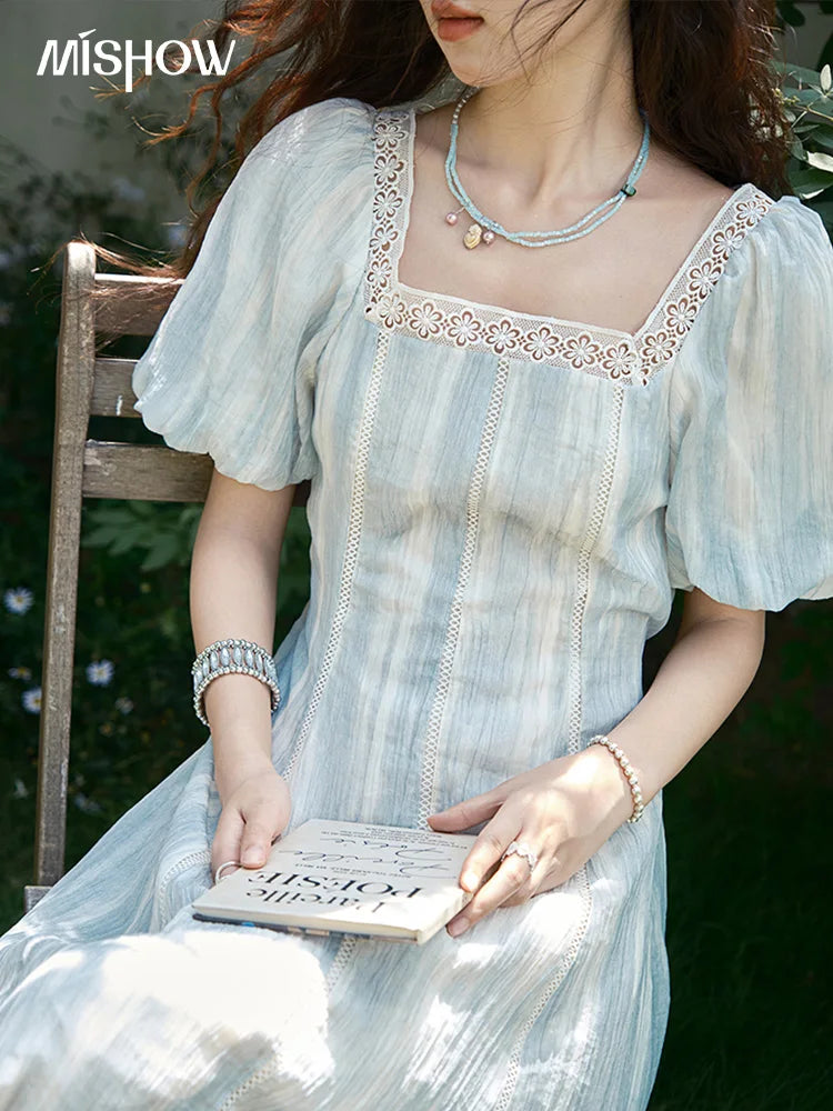 Mishow Striped Square Neck Lace Hollow Dress MXE39L2403