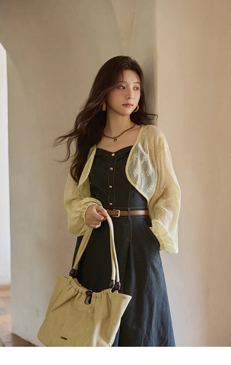 Mishow Lantern Sleeve Cardigan & Denim Strap Dress Set MXE41T0704